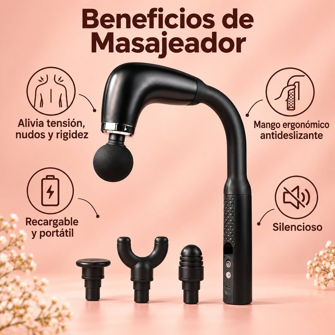 Masajeador de Percusión con 4 Cabezales · Mango Curvo