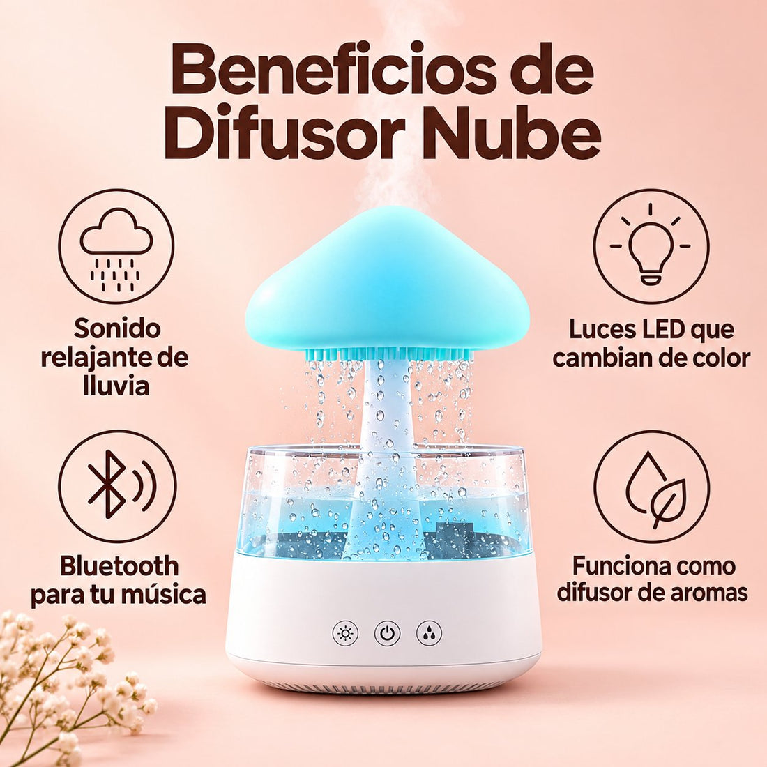 Difusor Nube con Sonido de Lluvia y Luz LED