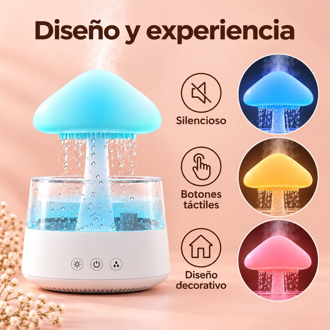 Difusor Nube con Sonido de Lluvia y Luz LED