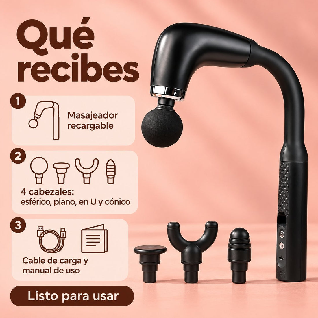 Masajeador de Percusión con 4 Cabezales · Mango Curvo