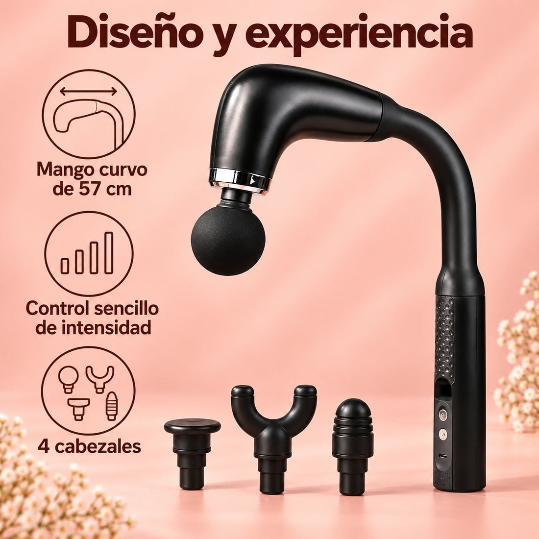Masajeador de Percusión con 4 Cabezales · Mango Curvo