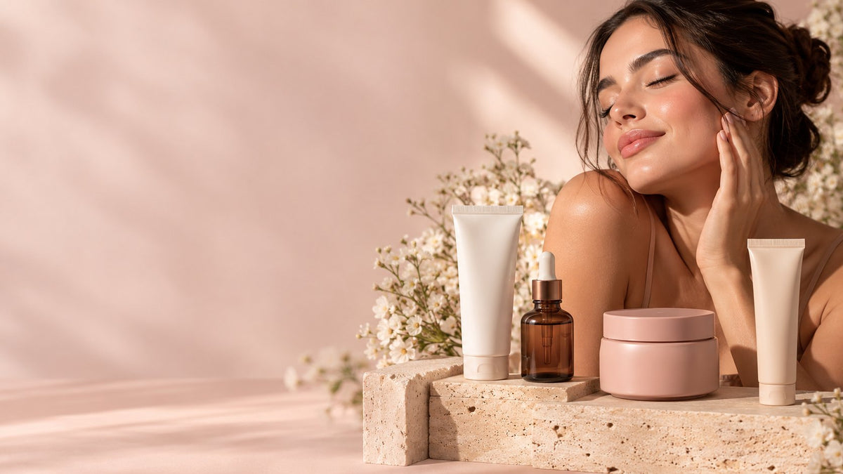 Mujer con piel luminosa junto a productos de skincare